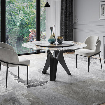 59" White & Black Stone Top Round Dining Table with Lazy Susan
